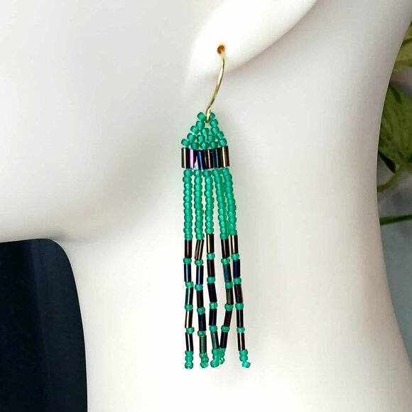 Artisan Green and Black Beaded Earrings, 3" - Picture 1 of 7
